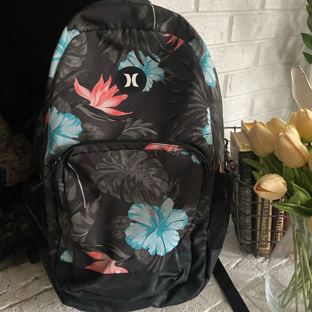 Hurley Black Backpack with Turquoise & Coral Floral Print - Picture 2 of 3